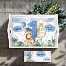 Tava mot copil si cutiuta prima suvita Safari Baby Kids Blue - Tavita Mot Personalizata Baiat - Set pentru un An Baieti