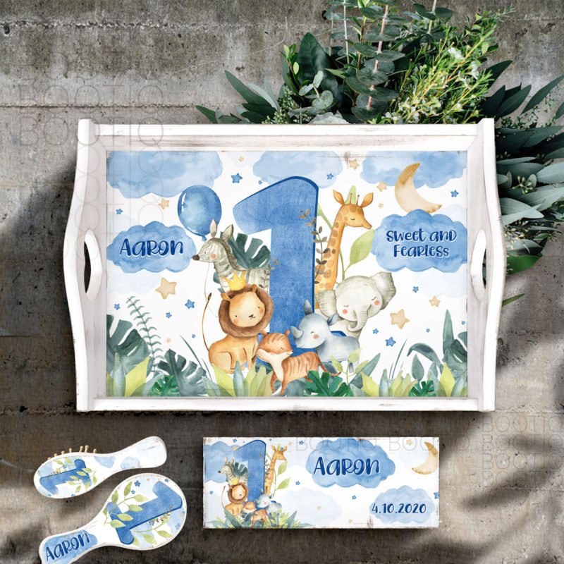 Tava mot copil si cutiuta prima suvita Safari Baby Kids Blue - Tavita Mot Personalizata Baiat - Set pentru un An Baieti