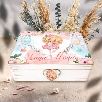 Alternative view of Trusou Botez Pink Ballerina Watercolor - Cutie din Lemn Personalizata pentru Amintiri, Trusou de Botez sau Aniversare