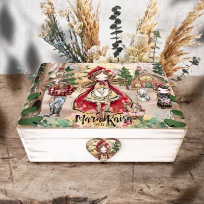 Cutie din Lemn Handmade Scufita Rosie - Cutie din Lemn Personalizata pentru Amintiri, Botez sau Aniversare