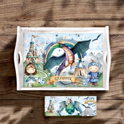 Tavita Mot Dragon de Poveste - Set Aniversar 1 An Tava Mot Baiat Personalizata si Cutiuta Prima Suvita