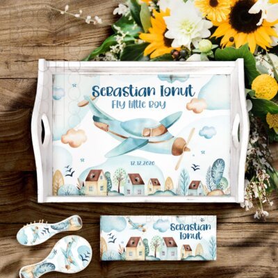 Tavita Mot Fly Little Baby Aviator - Set Aniversar 1 An Tava Mot Personalizat si Cutiuta Prima Suvita