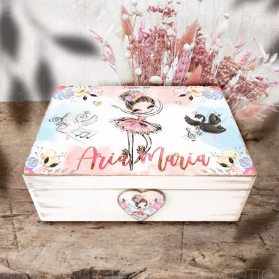 Trusou Botez Dancing Little Ballerina - Cutie din Lemn Personalizata pentru Botez