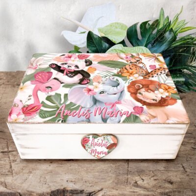 Cutie din Lemn Handmade Jungle Family Baby Girl - Cutie din Lemn Personalizata pentru Botez