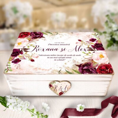 Cutie de Dar Nunta Marsala Love Wedding Box - Cutie din Lemn Personalizata pentru Nunta