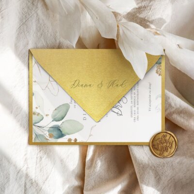 Alternative view of Invitatie de Nunta Handmade Green and Gold Leaf - Meniu Nunta, Placecard Nunta in acelasi stil
