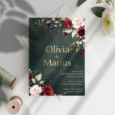 Invitatie de Nunta Handmade Emerald Green & Gold Wedding - Meniu Nunta, Placecard Nunta in acelasi stil