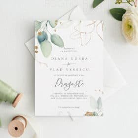 Invitatie de Nunta Handmade Green and Gold Leaf - Meniu Nunta, Placecard Nunta in acelasi stil Image