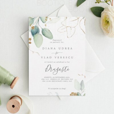 Invitatie de Nunta Handmade Green and Gold Leaf - Meniu Nunta, Placecard Nunta in acelasi stil