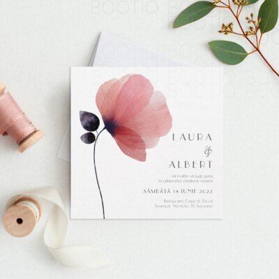 Invitatie de Nunta Handmade Floare de Mac - Meniu Nunta, Placecard Nunta in acelasi stil