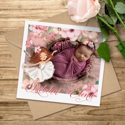 Pink Ballerina Watercolor - Marturie Magnet Botez personalizata cu fotografia copilului tau