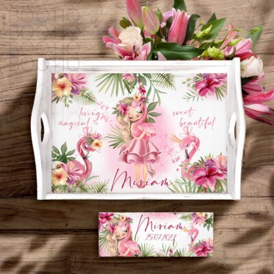 Tavita Mot Tropical girl with flamingos - Set Aniversar 1 An Tava Mot Personalizata si Cutiuta Prima Suvita