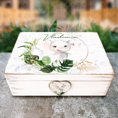 Trusou Botez Savanna Elephant - Cutie din Lemn Personalizata Handmade pentru Amintiri, Botez sau Aniversare