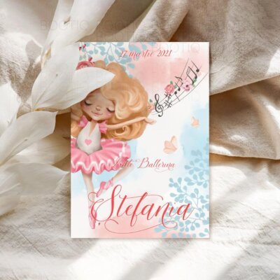 Invitatie Botez sau Aniversare Handmade - Pink Ballerina Blonde | Invitatie Digitala, Placecard Botez & Meniu Botez in acelasi stil