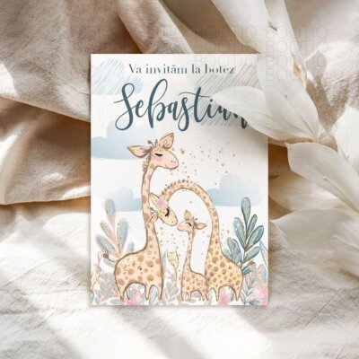 Invitatie Botez sau Aniversare Handmade - Girafe in Jungla | Invitatie Digitala, Placecard Botez & Meniu Botez in acelasi stil