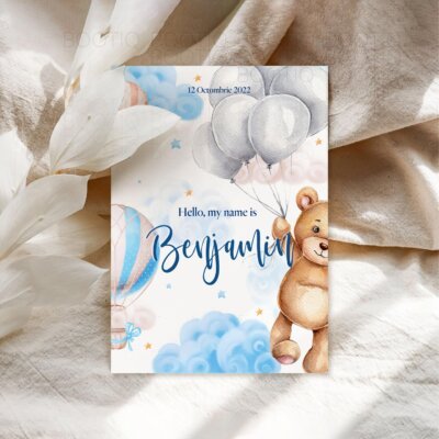 Invitatie Botez sau Aniversare Handmade - Teddy in the Sky | Invitatie Digitala, Placecard Botez & Meniu Botez in acelasi stil
