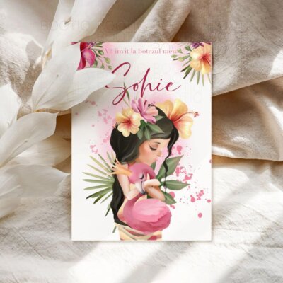Invitatie Botez sau Aniversare Handmade - Tropical Girl Brunette | Invitatie Digitala, Placecard Botez & Meniu Botez in acelasi stil