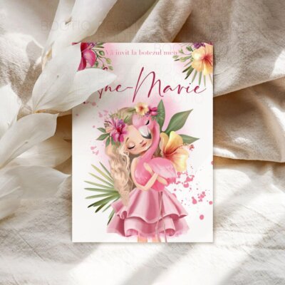Invitatie Botez sau Aniversare Handmade - Tropical Girl Blonde | Invitatie Digitala, Placecard Botez & Meniu Botez in acelasi stil