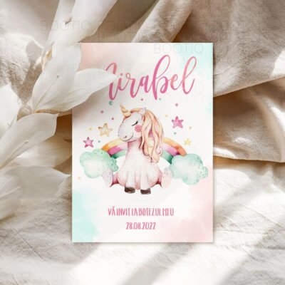 Invitatie Botez sau Aniversare Handmade - Unicorn's Dream | Invitatie Digitala, Placecard Botez & Meniu Botez in acelasi stil