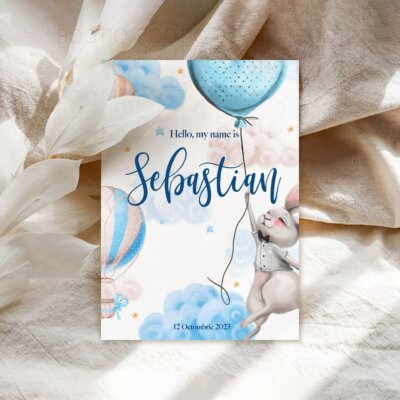 Invitatie Botez sau Aniversare Handmade - Bunny in the Sky | Invitatie Digitala, Placecard Botez & Meniu Botez in acelasi stil