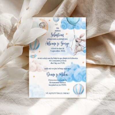 Alternative view of Invitatie Botez sau Aniversare Handmade - Bunny in the Sky | Invitatie Digitala, Placecard Botez & Meniu Botez in acelasi stil