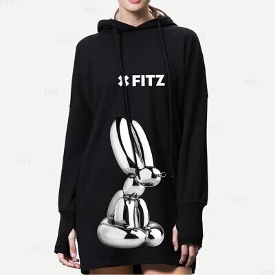 FITZ Long Black Cotton Hoodie Dress Plastic Bunny
