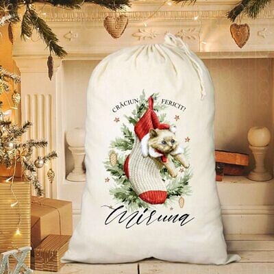 Sacul Pisicul de craciun - Sac personalizat din bumbac cu look vintage, legat cu snur