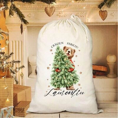 Sac Ursul Vesel - Sac personalizat din bumbac cu look vintage, legat cu snur