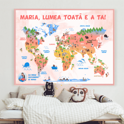 Alternative view of Magic Animal World Map Kids Gift – Poster Inramat cu harta lumii si animalute personalizat cu mesajul si fotografiile tale