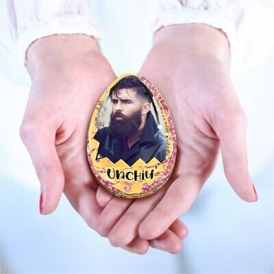 Oul cu amintiri galben - Decoratiune frigider fata verso, magnetica, din lemn,  personalizata cu fotografie