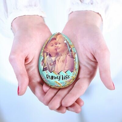 Oul cu amintiri Turquoise - Decoratiune frigider fata verso, magnetica, din lemn,  personalizata cu fotografie