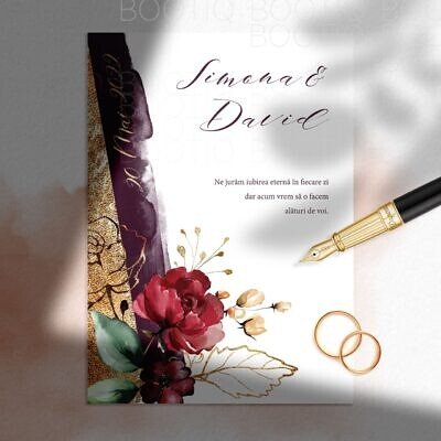 Invitatie de Nunta Handmade Bugundy Mystic Flowers - Meniu Nunta, Placecard Nunta in acelasi stil