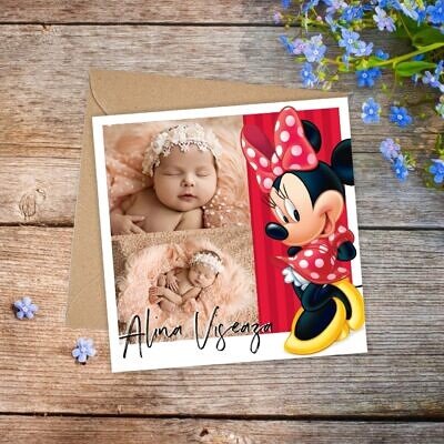 Minnie Foto Magnet si plic - Marturie Magnet Botez personalizata cu fotografiile copilului tau si Minnie Mouse