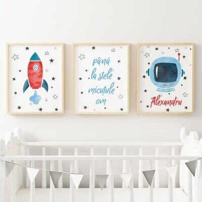 Set 3 Tablouri Copii "Pana la Stele" pentru camera baietei