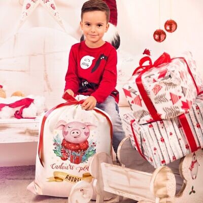 Sacul Mosului  - Sac de Craciun personalizat de la ajutorul Mosului Purcelusul Vesel