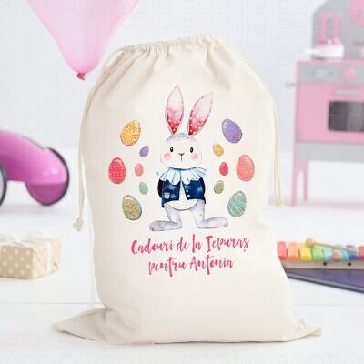 Sacul lui Iepurila  - Sac personalizat pentru cadouri iepuras din bumbac cu look vintage