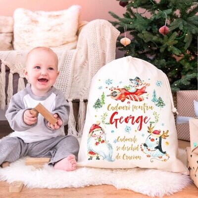 Sacul lui Mos Craciun cu Om de zapada Zburator si Pinguin - Sac personalizat din bumbac cu look vintage