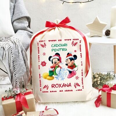 Sacul Mosului  - Sac de Craciun personalizat de la ajutorul Mosului - Minnie si Mickey Mouse