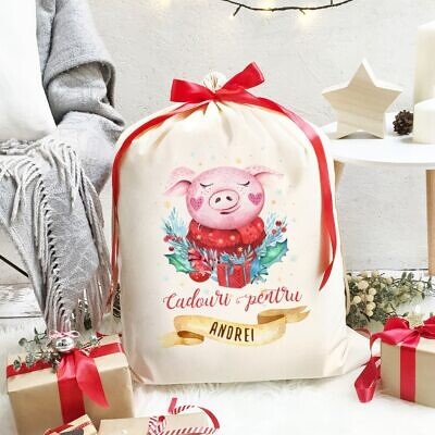 Alternative view of Sacul Mosului  - Sac de Craciun personalizat de la ajutorul Mosului Purcelusul Vesel