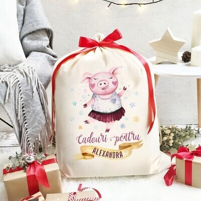 Sacul Mosului  - Sac de Craciun personalizat de la ajutorul Mosului - Domnisoara Purcelus