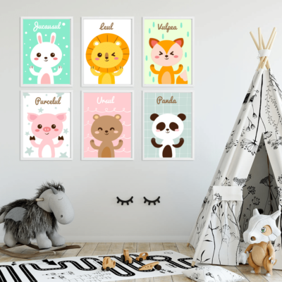 Set de tablouri A4 cu animalute, iepuras, leu, vulpe, urs, purcel si panda