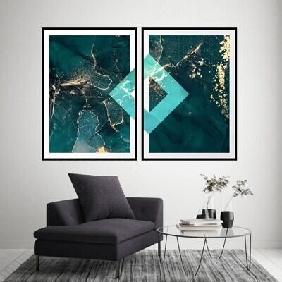 Set 2 Tablouri - Abstract Green Geometry