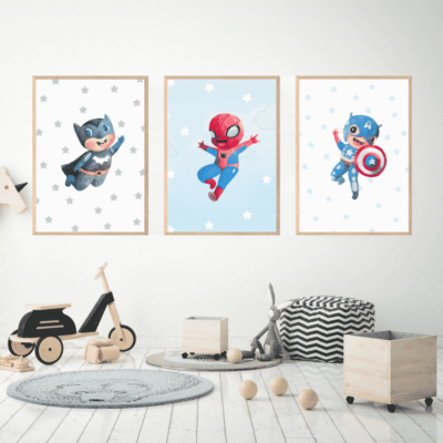 Set 3 Tablouri Watercolor Heroes pentru prichindei - Spiderman, Batman si Captain America