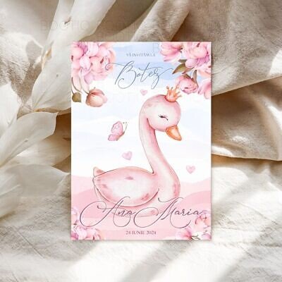 Invitatie Botez sau Aniversare Handmade - Lebăda roz și bujorii înfloriți | Invitatie Digitala, Placecard Botez & Meniu Botez in acelasi stil