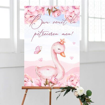 Semn Bun Venit pentru Botez Lebada roz - Personalizat simplu sau cu lista invitatilor