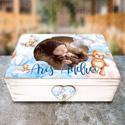 Cutie din Lemn Handmade Teddy in the Sky Photo- Cutie din Lemn Personalizata Handmade pentru Amintiri, Botez sau Aniversare