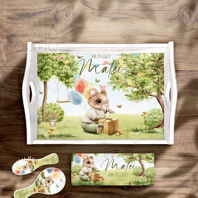 Tavita Mot Personalizata - Little Mouse -  Set Aniversar 1 An Tava Mot Fetita si Cutiuta Prima Suvita