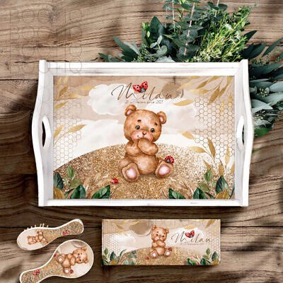 Tavita Mot Personalizata - Teddy si buburuzele -  Set Aniversar 1 An Tava Mot Fetita si Cutiuta Prima Suvita