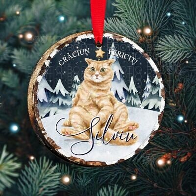 Decoratiune brad Kitty Christmas - Decoratiune din lemn personalizata cu fotografie pentru pomul de Craciun