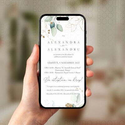 Invitatie Digitala Nunta - Green and Gold Leaf